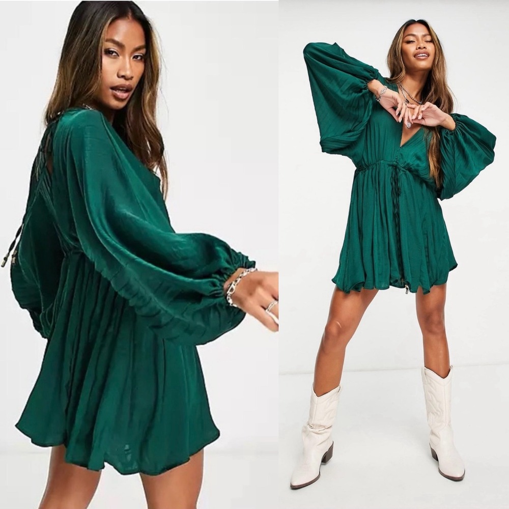 Free People Arzel Samantha Lace Up Mini Dress Green Long Sleeves Size M